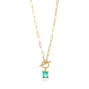 Imagem de Yifnny Colar feminino de diamante com clipe de papel de pedra natural, banhado a ouro 14 quilates, esmeralda, corrente com clipe de papel, pingente de zircônia cúbica azul, verde, presente de