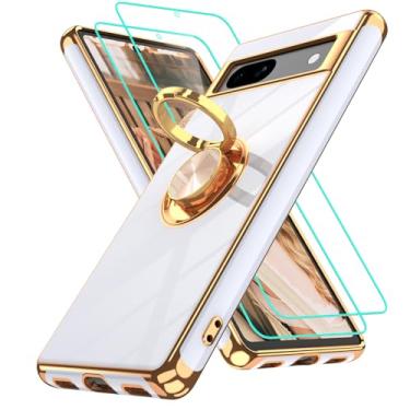 Imagem de Gritup Capa para Google Pixel 7A | 2 peças protetoras de tela | Suporte magnético de rotação de 360° | Revestimento dourado macio TPU protetor básico para celular Pixel 7A branca