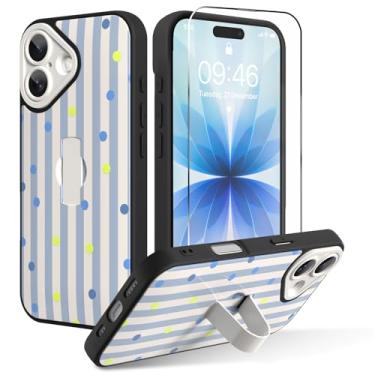 Imagem de OOK Capa para iPhone 17 com protetor de tela, linda capa de telefone com listras azuis claras de bolinhas com alça de dedo ajustável, proteção total para mulheres e meninas