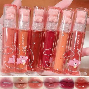 Imagem de 6 peças de batom Bear Lip Glaze Jelly Glaze, Batom líquido, urso fofo, brilho labial, hidratante, água, brilho labial, à prova d'água, longa duração, tonalidade de bochecha vermelha, cosméticos