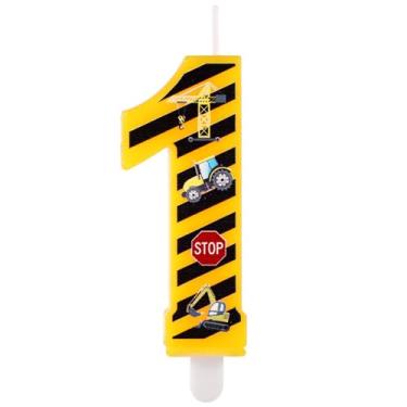 Imagem de Vela de aniversário de construção, velas de feliz aniversário, números de construção, topo de bolo, velas listradas amarelas e pretas para meninos, decoração de festa de aniversário (número 1)