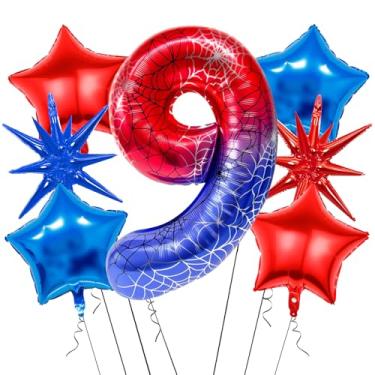 Imagem de 7Pcs 40 inch Spider Theme Number 9 Balloons, Large Red Blue 9 Balloon Number Set with Exploding Star and Star Foil Balloons for Birthdays and Spider Themed Parties