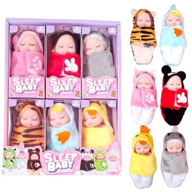 Imagem de Mini Boneca Reborn Sleep Baby Fantasia Animal – Kit com 6 Unidades em Vinil 11cm | Modelos Tigre, Ganso, Pato, Gato, Rato e Tubarão | Roupinhas Removíveis | Brinquedo Infantil