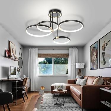 Imagem de Luminária de teto moderna LED com anel regulável para sala de estar, luminária de teto preta com controle remoto, iluminação de acrílico metálico para quarto, sala de estar, cozinha, sala de