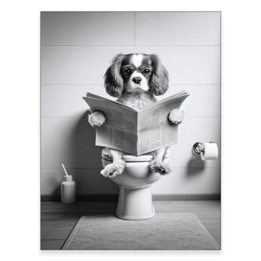 Imagem de Impressão engraçada de banheiro, pôster de banheiro, pôster de decoração de banheiro, arte de parede Cavalier King Charles Spaniel, vaso sanitário para cães, arte de banheiro