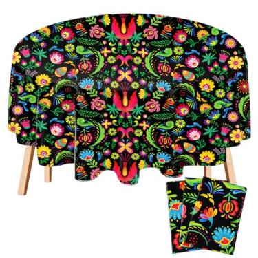 Imagem de Oudain 3 peças de toalha de mesa redonda Dia dos Mortos descartável de plástico para festa mexicana Dia De Los Muertos Toalha de mesa floral para festa mexicana Cinco De Mayo