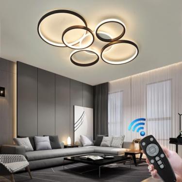 Imagem de Luminária de teto moderna regulável LED para sala de estar interna, luminária de teto de 78 cm, lustre embutido, luminária preta com 6 anéis de luz com controle remoto, adequada para cozinha