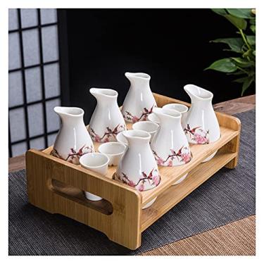 Imagem de Conjunto de saquê japonês flor de pêssego de cerâmica, incluindo 6 garrafas de saquê, 6 xícaras com bandejas