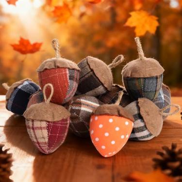 Imagem de 12 peças de enfeites de bolota de feltro de outono, padrão xadrez e bolinhas, decorações de árvore de Ação de Graças, decoração de outono para casa, bandeja de festival de Natal, decoração de mesa de