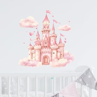 Imagem de RoyoLam Decalques de parede de castelo de princesa rosa removíveis adesivos de vinil de conto de fadas para quarto de meninas e berçários, decoração de quarto e sala de jogos, arte de parede de