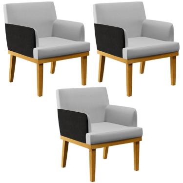Imagem de Kit 3 Poltronas Decorativas Para Sala de Estar Beatriz W01 Linho Cinza Couríssimo Preto - Lyam Decor
