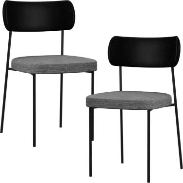 Imagem de Kit 02 Cadeiras Estofadas Para Sala De Jantar Melina L02 Couríssimo Preto Linho Cinza Escuro - Lyam Decor
