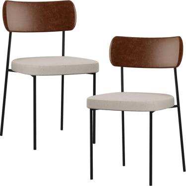Imagem de Kit 02 Cadeiras Estofadas Para Sala De Jantar Melina L02 Couríssimo Marrom Linho Cru - Lyam Decor