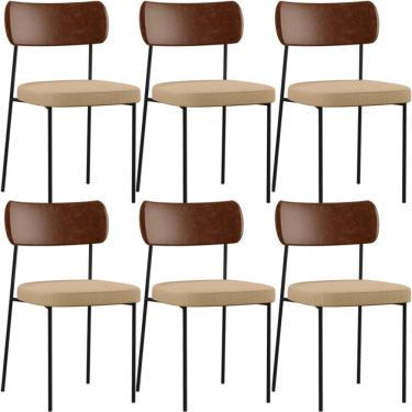 Imagem de Kit 06 Cadeiras Para Sala De Jantar Melina L02 Couríssimo Marrom Linho Bege Escuro - Lyam Decor