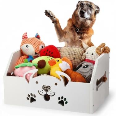 Imagem de AceOrbit Cesta grande de brinquedos para cães, 35 x 23 x 18 cm, caixa de brinquedo de madeira para cães com alça, organização e armazenamento para brinquedos, mastigar, cobertores, coleiras, presente