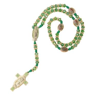 Imagem de Gorgeoos Colar de rosário Nossa Senhora de Guadalupe para homens e mulheres contas de oração católica com contas de cristal verde mexicano com pingente de cruz de Virgem Maria em tom dourado presente