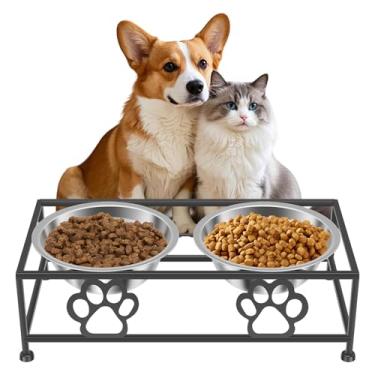 Imagem de Tigelas elevadas para cães e gatos, alimentador elevado para animais de estimação com suporte, tigela dupla de aço inoxidável, suporte de prato antiponta para animais de estimação para cães e gatos
