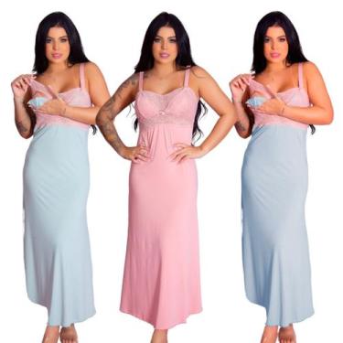 Imagem de Kit 3 Camisolas Longas Amamentação Gestante Recorte Lateral Maternidad