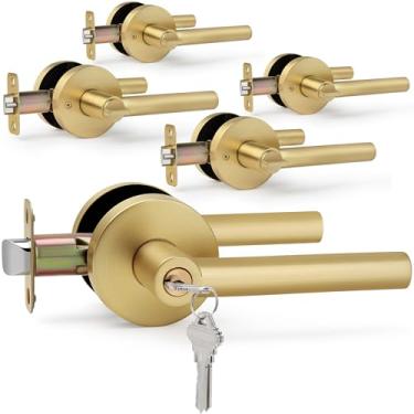 Imagem de LOQRON Pacote com 5 maçanetas de porta de entrada com chave dourada escovada, design redondo, maçaneta resistente com fechadura, reversível para canhoto/direito para porta de entrada e frente, latão