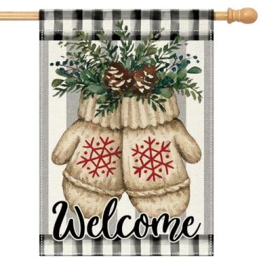 Imagem de OTOSTAR Luvas Floco de neve Holly Welcome Christmas House bandeira 71 x 101 cm xadrez búfalo dupla face inverno férias quintal bandeira decorativa ao ar livre