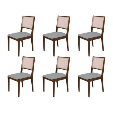 Imagem de Conjunto Com 6 Cadeiras De Jantar Estofada Suellen Em Madeira E Mdf Mel Linho Cinza