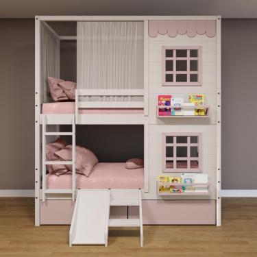 Imagem de Beliche Casinha Reta 02 Janelas 02 Gavetas Rosa Cortina E Escorregador Madeira Maciça Branco/ Rosa Housin