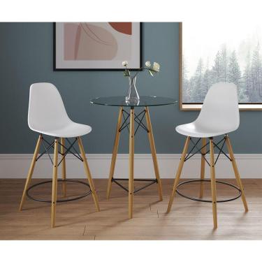 Imagem de Mesa Bistrô Eames Eiffel Vidro Com 2 Banquetas Brancas De Madeira