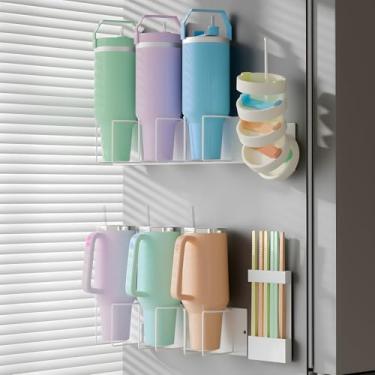 Imagem de Pacote com 4 suportes magnéticos para geladeira – organizador de garrafa de água serve para copo Stanley de 40/850 g, conjunto organizador de copos com suporte de tampa de copo e organizador de canudo