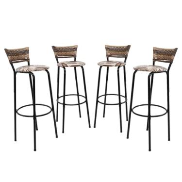 Imagem de Kit 4 Banquetas Altas 80cm Estrutura Preta Encosto Junco Cappuccino Ideal P/Bancada Cozinha Americana Bares Balcão Itagold (Assento Floral Marrom)