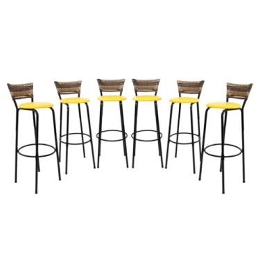 Imagem de Kit 6 Banquetas Altas 80cm Estrutura Preta Encosto Junco Cappuccino Ideal P/Bancada Cozinha Americana Bares Balcão Itagold (Assento Amarelo)