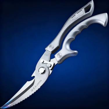 Imagem de Tesoura de cozinha multifuncional (aço inoxidável resistente): corta ossos, perus, carne, peixe, vegetais e aves profissionalmente. Lâminas poderosas para corte de ossos e raspagem de escamas de peixe