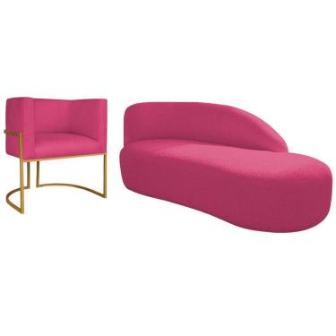 Imagem de Kit Divã Luna 160cm Lado Direito E 01 Poltrona Base De Ferro Dourada Suede Cor Pink