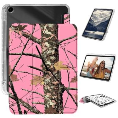 Imagem de Capa para iPad 9ª/8ª/7ª geração, 10,2 polegadas, 2021/2020/2019, suporte embutido, suporte de três dobras, capa traseira transparente + capa antiqueda de couro PU durável, árvore de camuflagem rosa