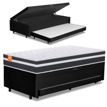 Imagem de Cama Bibox Baú Com Colchão Qatar Solteiro E Cama Auxiliar Conjugada 88x188x69cm Bela Preto/branco