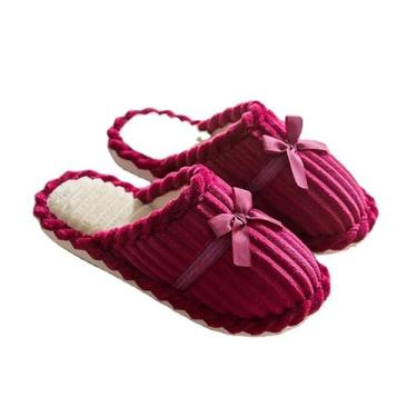 Imagem de Pantufas Femininas Adulto em Veludo Canelado, com Laço Decorativo, Interior Macio, Antiderrapante, Confortável, Disponível em Rosa, Coral e Verde (Rosa, 33-34, BR, Adulto, Numérico, 34)