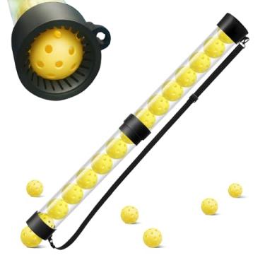 Imagem de NEESEEYEE Pickleball & Tennis Ball Picker comporta 14 bolas, tubo de coleta de bola com alça de ombro, suporte de bola portátil leve e fácil, pickleball e funil de bola de tênis, transparente