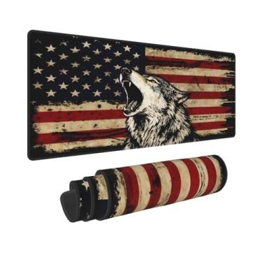 Imagem de CANFLASHION Tapete de mouse com bandeira americana, tapete de mesa de escritório 80 x 28 cm, mouse pad grande para jogos com design de lobo, GG estendido à prova d'água para computador com base de