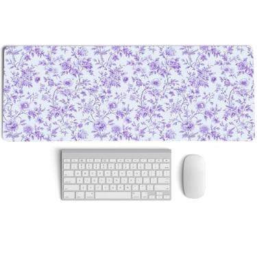 Imagem de PaJiaNi Mouse pad roxo chinoiserie, tapete de mesa floral vintage roxo e branco, GG grande flores vintage preppy mousepad, tapete de mesa para laptop feminino para dormitório, escritório em casa, 70 x