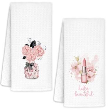 Imagem de Yhtrg Toalhas de mão modernas preppy rosa e preto para banheiro 40 x 61 cm, decoração de banheiro rosa e preta, perfume floral batom coquete toalhas de prato de cozinha femininas decorativas, conjunto