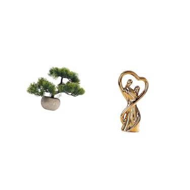 Imagem de Fenteer Encantadora Escultura de Bonsai com Folhagem Verdejante, Arranjo de Mesa com Estatueta de Casal, Lembrança Perfeita para Aniversários E Decoração de C