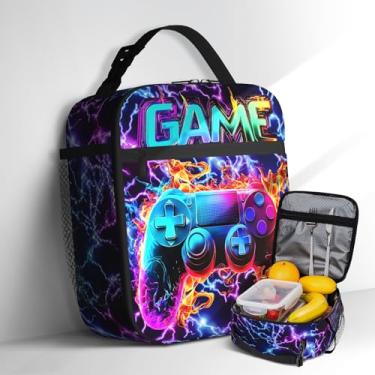 Imagem de Lancheira infantil para meninos, com iluminação roxa, gamepad, lancheira, cooler, reutilizável, isolada, bolsa portátil para crianças, escola, piquenique, caminhadas, praia, viagens