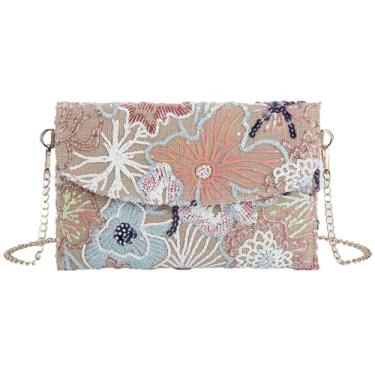 Imagem de Bolsa feminina de ombro bordada de lantejoulas com corrente floral para o verão, bolsa tiracolo para noite, Rosa pálido, 14.37 x 0.39 x 6.69 inches