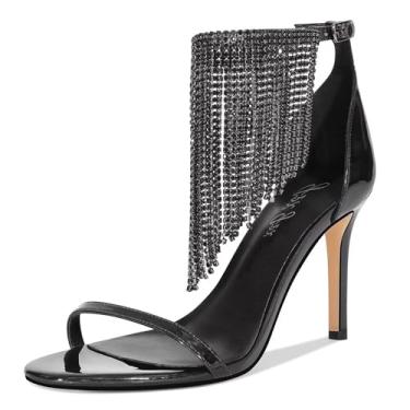 Imagem de GPXGPX Sandálias femininas de salto alto, bico aberto, com tiras de strass e tira no tornozelo, salto agulha cintilante, vestido de festa, casamento, sapatos, Preto, 37