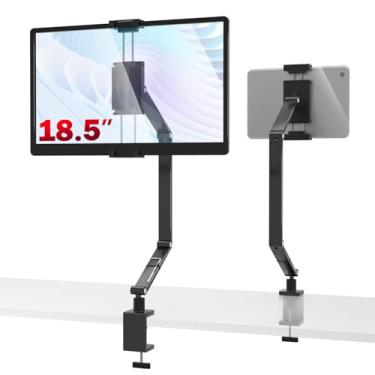 Imagem de Hnfrwd Suporte de tablet para iPad, suporte de monitor portátil para 6 a 47 polegadas, braço de tablet dobrável ajustável, suporte de mesa para iPad com base de rotação de 360°, suporte de telefone e