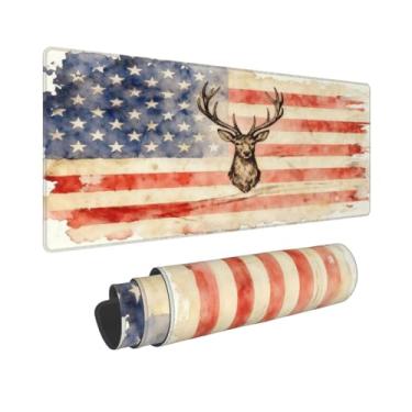 Imagem de CANFLASHION Tapete de mouse com bandeira americana, tapete de mesa de escritório 80 x 28 cm, mouse pad grande para jogos com design retrô de cervo, XL estendido à prova d'água para computador com base