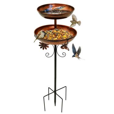 Imagem de DJAPWPX Banheiras de pássaros independentes para ambientes externos, combo de alimentador decorativo de banho de pássaros com estaca de metal, 5 pontas atualizadas, banheiras antigas destacáveis para