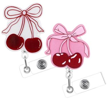 Imagem de 2 peças carretel de crachá de enfermagem laço rosa cereja clipe retrátil para crachá de trabalho porta-crachás bonito com clipe jacaré para enfermeiras, trabalhadores médicos, estudantes de enfermagem
