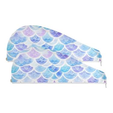 Imagem de SEHANY Toalha de cabelo de microfibra roxa pálida escamas de sereia para mulheres, 2 peças, turbantes de cabelo de secagem rápida com botão, touca de cabelo seco absorvente toalha de secagem de cabelo