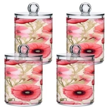 Imagem de ATTX Dispensador de suporte de flor de papoula rosa para bola de algodão, cotonete, frasco de boticário de plástico transparente, pote de armazenamento de cozinha para decoração de casa, pacote com 4