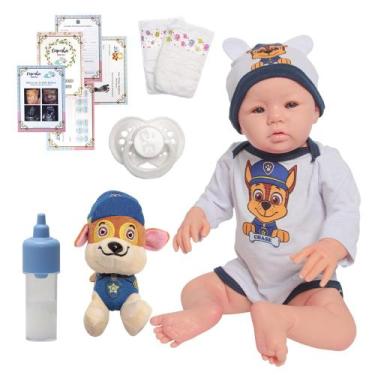 Imagem de Boneco Reborn Bebê Corpo Silicone Olhos Azuis + Acessórios - Cegonha R